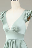 Vestido de dama de honor largo Matcha Deep V-Neck con volantes