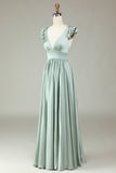 Vestido de dama de honor largo Matcha Deep V-Neck con volantes
