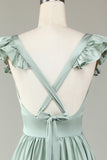 Vestido de dama de honor largo Matcha Deep V-Neck con volantes