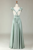 Vestido de dama de honor largo Matcha Deep V-Neck con volantes
