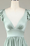 Vestido de dama de honor largo Matcha Deep V-Neck con volantes