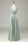 Vestido de dama de honor Matcha con cuello en V brillante con lentejuelas