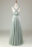 Vestido de dama de honor Matcha con cuello en V brillante con lentejuelas