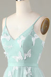 Tul Spaghetti Straps Matcha Vestido de Dama de Honor con Apliques