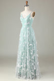 Tul Spaghetti Straps Matcha Vestido de Dama de Honor con Apliques