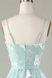 Tul Spaghetti Straps Matcha Vestido de Dama de Honor con Apliques