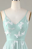 Tul Spaghetti Straps Matcha Vestido de Dama de Honor con Apliques