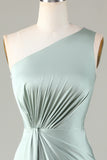 Vestido de dama de honor Matcha de un hombro con volantes