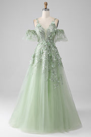 Sage A-Line Mangas Desmontables Vestido de Fiesta Corsé Largo con Flores