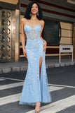 Elegante vestido de fiesta corsé azul claro de sirena con apliques