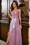 Vestido de fiesta largo rosa con tirantes finos Sparkly A Line con abertura en la parte delantera