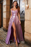 Vestido de fiesta largo rosa con tirantes finos Sparkly A Line con abertura en la parte delantera