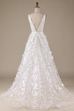 Vestido de novia marfil A-Line V-Neck con flores 3D