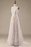 Champagne V-Neck Backless Tul Vestido de novia con encaje