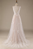 Champagne V-Neck Backless Tul Vestido de novia con encaje