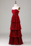 Vestido de Dama de Honor Borgoña Sin Tirantes