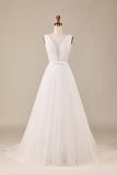 Elegante A Line V cuello marfil desmontable Watteau tren tul vestido de novia