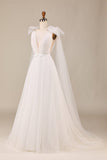 Elegante A Line V cuello marfil desmontable Watteau tren tul vestido de novia