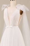 Elegante A Line V cuello marfil desmontable Watteau tren tul vestido de novia
