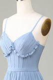 Corsé estampado azul polvoriento correas de espagueti vestido de dama de honor largo con espalda entrecruzada