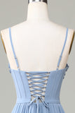 Corsé estampado azul polvoriento correas de espagueti vestido de dama de honor largo con espalda entrecruzada