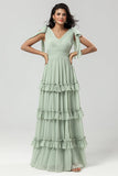 Dusty Sage A Line Vestido de dama de honor de gasa con volantes