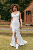 Vestido de novia simple de sirena con botón de marfil con abertura