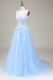 Vestido de fiesta de tirantes finos azul cielo de tul de tirantes finos de línea A con apliques
