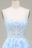 Vestido de fiesta de tirantes finos azul cielo de tul de tirantes finos de línea A con apliques