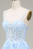 Vestido de fiesta de tirantes finos azul cielo de tul de tirantes finos de línea A con apliques