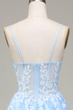 Vestido de fiesta de tirantes finos azul cielo de tul de tirantes finos de línea A con apliques