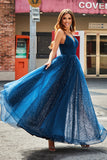 Vestidos de fiesta de tul largo con cuentas con escote en V de línea azul marino con pliegues