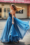 Vestidos de fiesta de tul largo con cuentas con escote en V de línea azul marino con pliegues