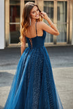 Vestidos de fiesta de tul largo con cuentas con escote en V de línea azul marino con pliegues