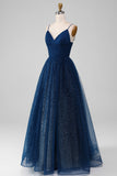 Vestido de gala azul marino con cuello en V vestidos largos de tul con cuentas y plisado