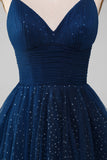 Vestido de gala azul marino con cuello en V vestidos largos de tul con cuentas y plisado