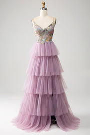 Corsé evasé malva Vestido de fiesta largo escalonado con apliques