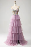 Corsé evasé malva Vestido de fiesta largo escalonado con apliques