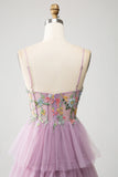 Vestido de fiesta malva con corsé largo evasé de tul con apliques