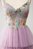 Vestido de fiesta malva con corsé largo evasé de tul con apliques