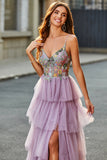 Vestido de fiesta malva con corsé largo evasé de tul con apliques