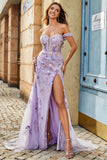 Vestido de fiesta de sirena largo con hombros cruzados de color malva con apliques