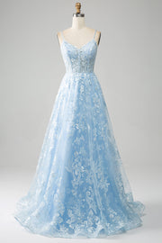 Vestido de fiesta largo con corsé largo de encaje con tirantes de espagueti azul cielo
