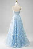 Vestido de fiesta largo con corsé largo de encaje con tirantes de espagueti azul cielo