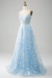 Vestido de fiesta largo con corsé largo de encaje con tirantes de espagueti azul cielo