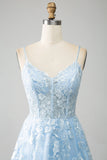 Vestido de fiesta largo con corsé largo de encaje con tirantes de espagueti azul cielo