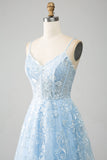 Vestido de fiesta largo con corsé largo de encaje con tirantes de espagueti azul cielo