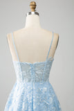 Vestido de fiesta largo con corsé largo de encaje con tirantes de espagueti azul cielo