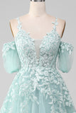 Vestido de fiesta menta con hombros descubiertos vestidos de fiesta con cuentas con apliques