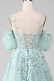 Vestido de fiesta menta con hombros descubiertos vestidos de fiesta con cuentas con apliques